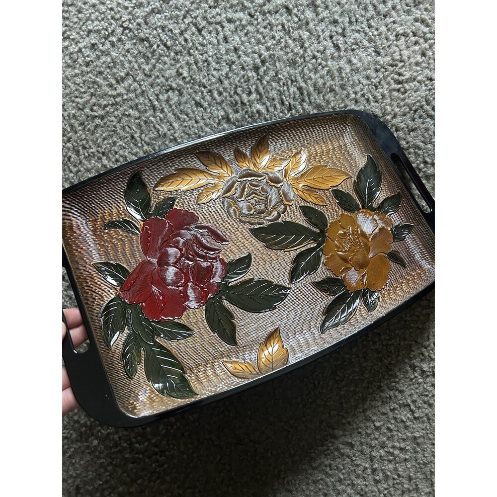 Vintage 60s Japanese Tray w/ Floral Motif, Hollywood Regency Accent Decor